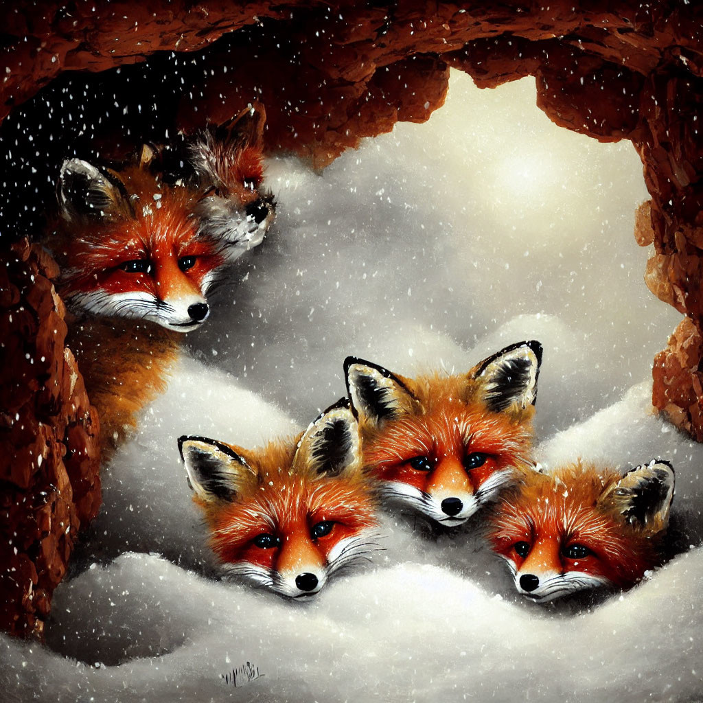 Four Foxes Huddled in Snowy Den with Falling Snow