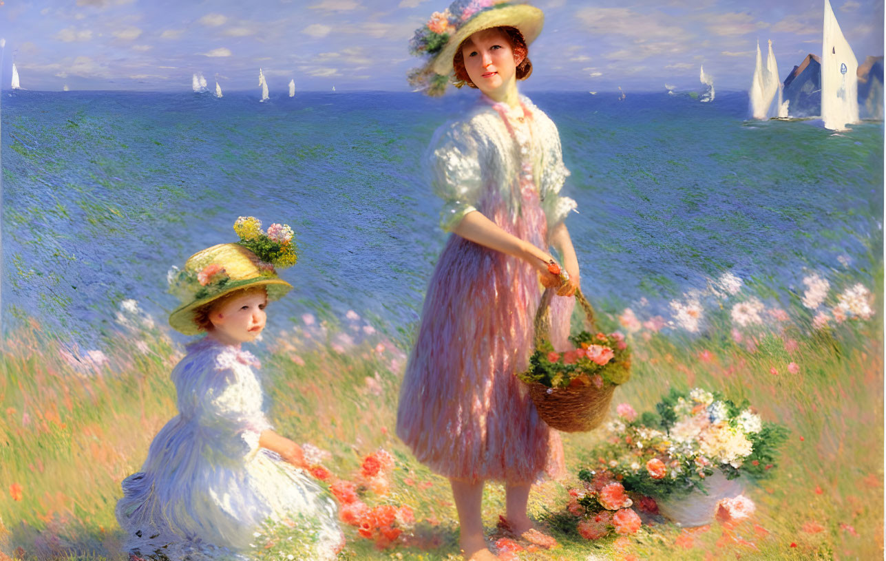 Vintage Dresses and Hats: Two Girls in Flower Field with Sailboats