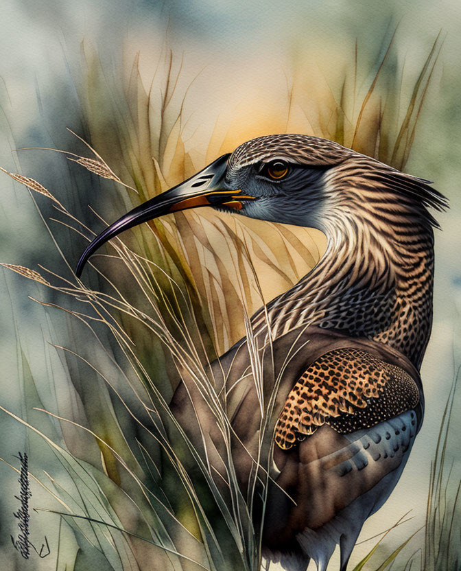 Detailed illustration: Long-beaked bird in tall grass with speckled plumage.