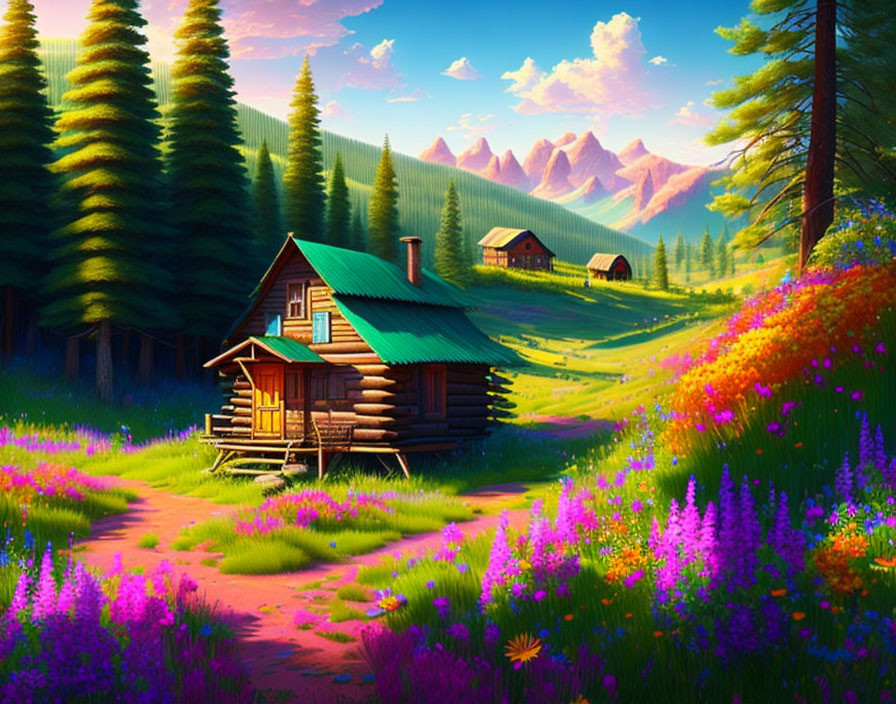 Digital artwork: Mountain landscape with cabins, meadows, wildflowers, pine trees