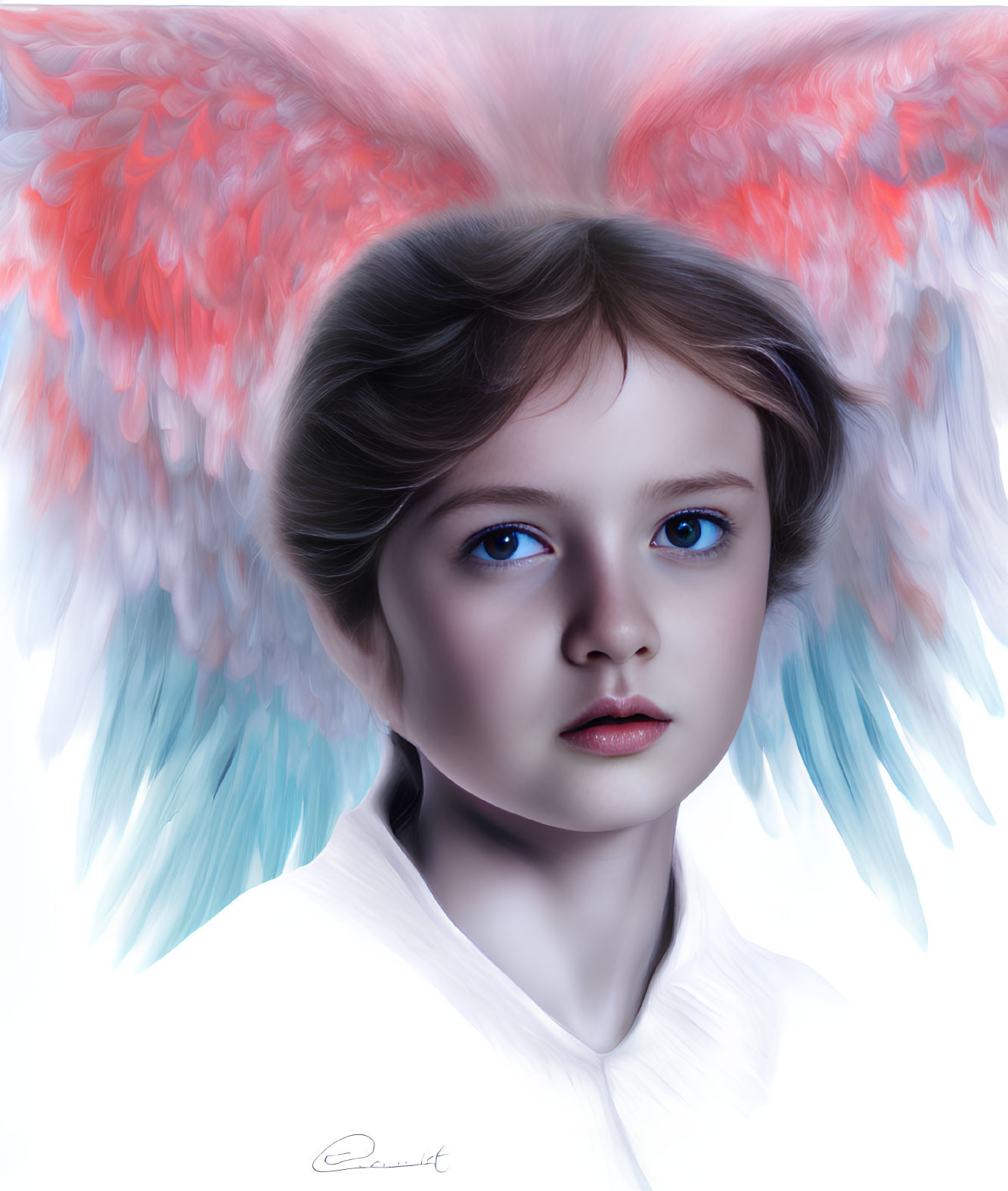 Vibrant digital portrait of young girl with red to blue gradient angel wings