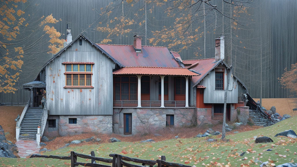 Rustic house with red roof in autumn woodland setting