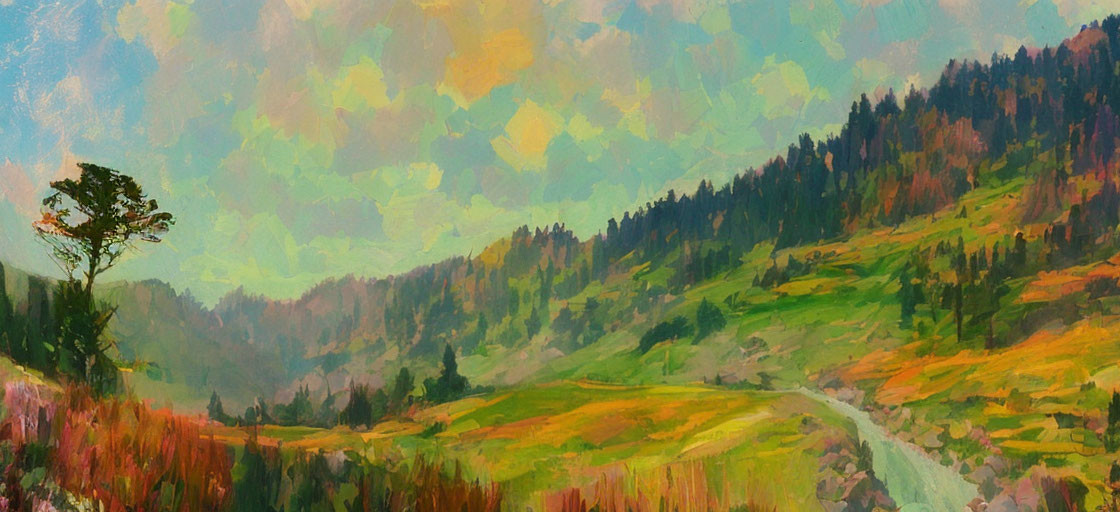 Colorful landscape painting of lone tree on grassy hill with path leading to forested mountains under cloudy