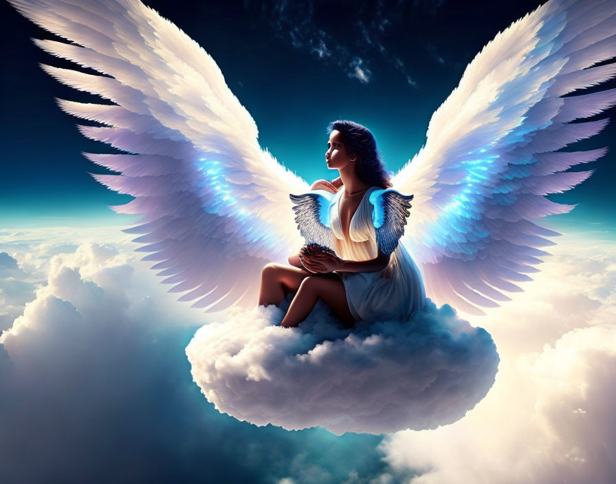 Woman with large angel wings holding glowing book on cloud against blue sky