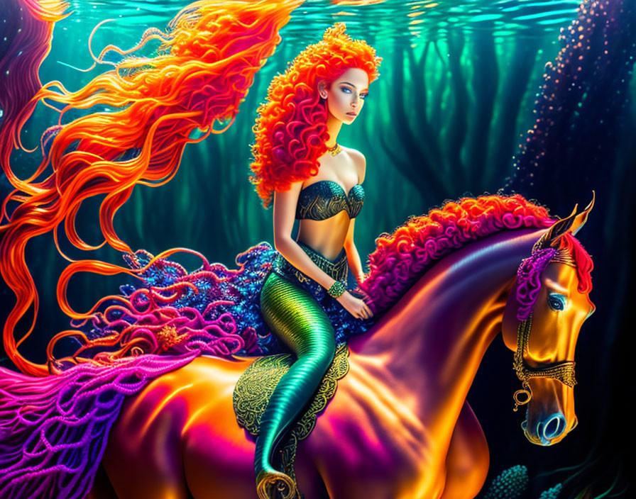 Colorful Mermaid Art: Red-haired mermaid on green tail riding purple seahorse in underwater