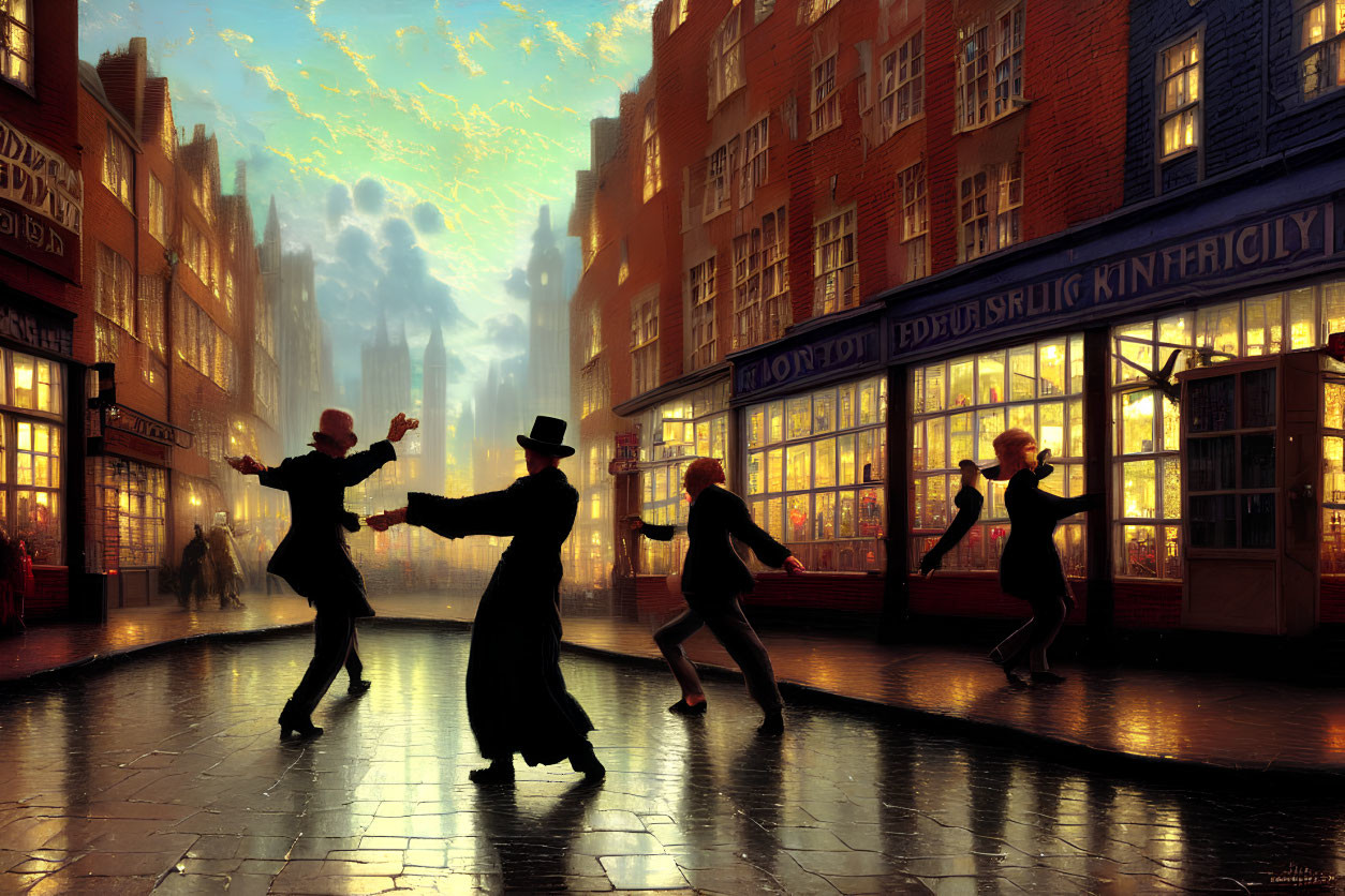 Silhouetted figures dancing on vintage street at dusk