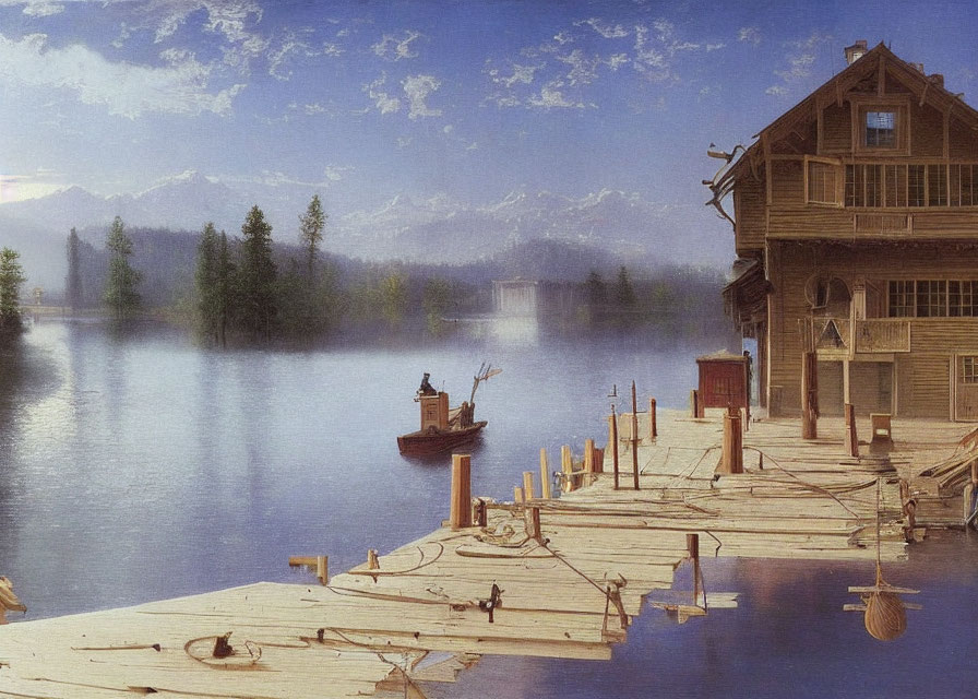 Tranquil lakeside cabin with dock, boat, fisherman, and mountain backdrop