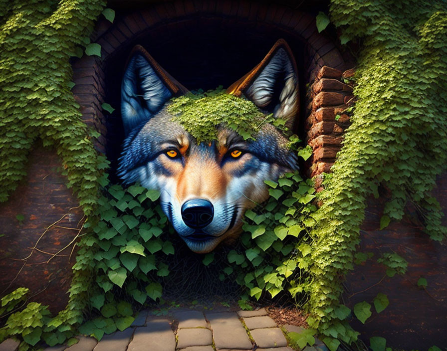 Realistic wolf face blending with brick tunnel and green ivy.