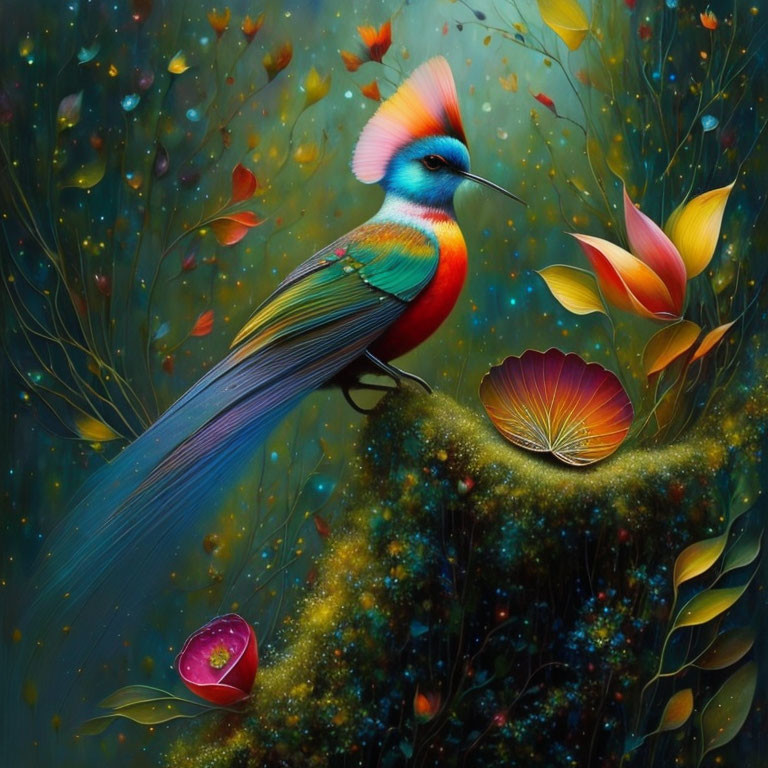 Colorful Fantastical Bird in Enchanted Forest with Luminous Flora