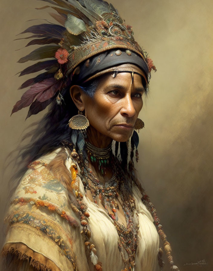 Portrait of Person in Traditional Native American Attire with Feathered Headdress