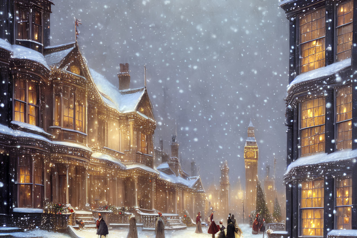 Victorian-style winter scene with snow, people, and clock tower.