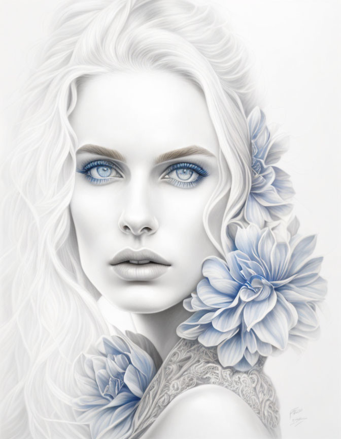 Monochromatic portrait of woman with blue eyes and flowers in hair