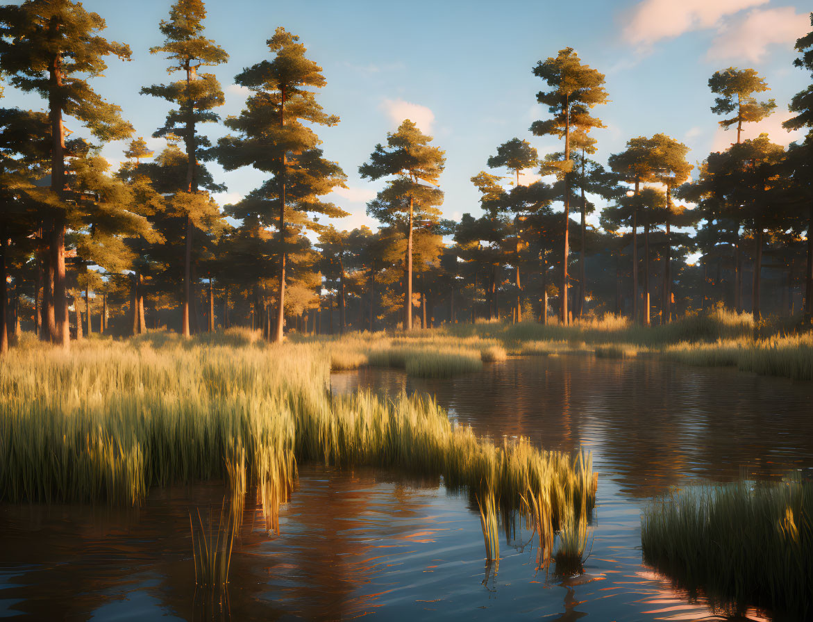 Tranquil Lake Scene with Pine Trees and Green Reeds