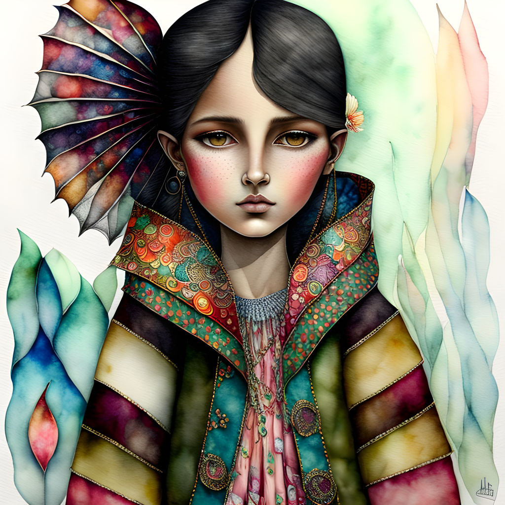 Colorful Winged Girl Illustration with Large Eyes and Floral Background