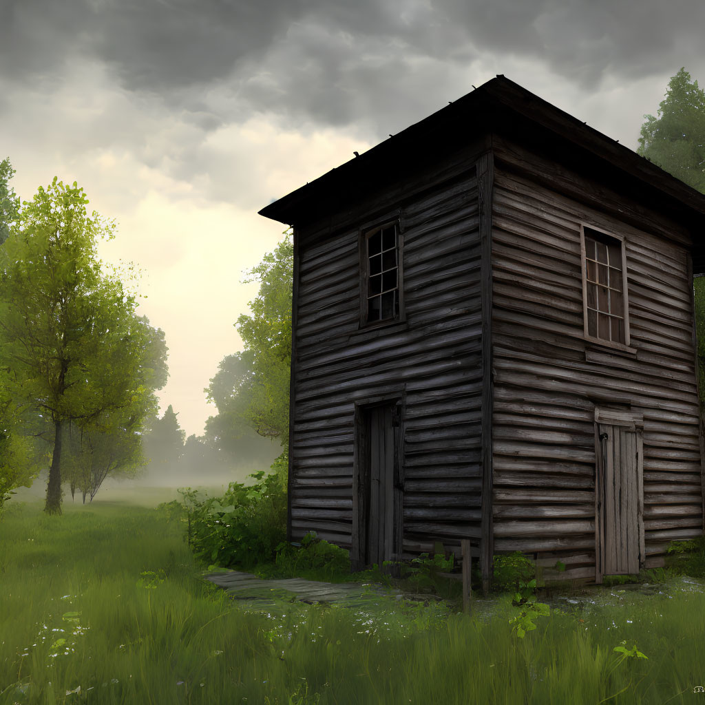 Serene meadow scene: old wooden cabin, lush greenery, soft-lit sky