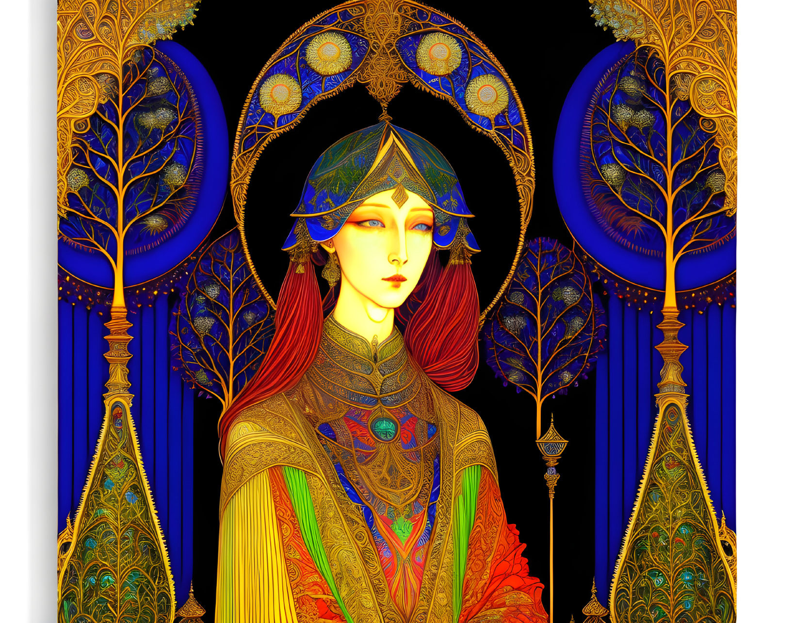 Intricate artwork: Woman with red hair, ornate golden patterns, blue columns