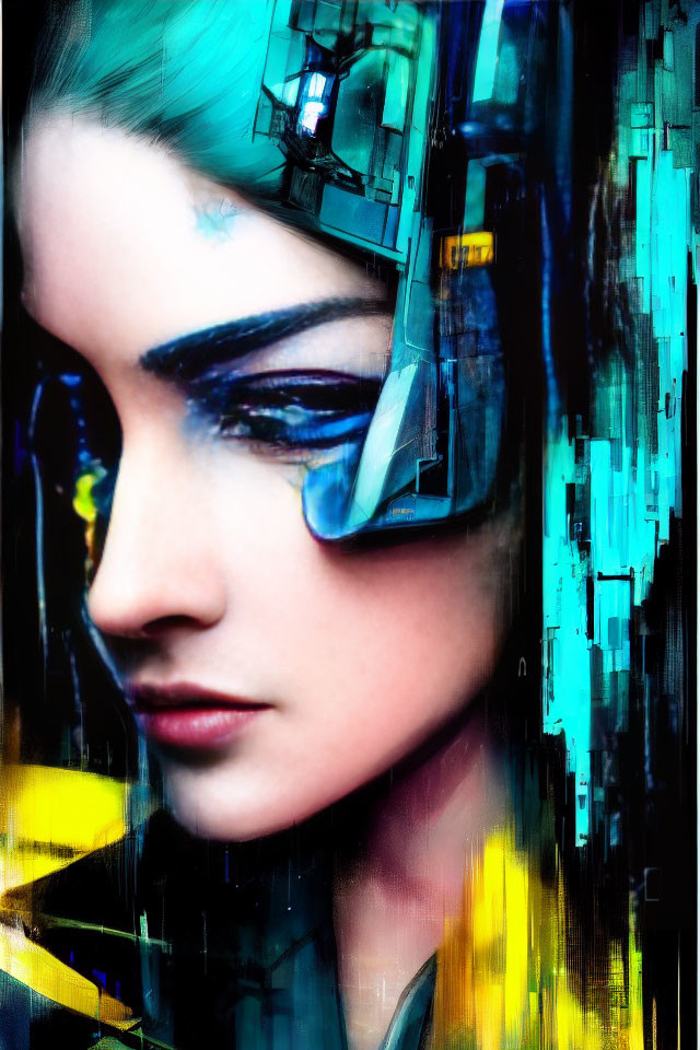 Digital artwork: Woman with blue hair, cybernetic enhancements, futuristic visor, glitch effects