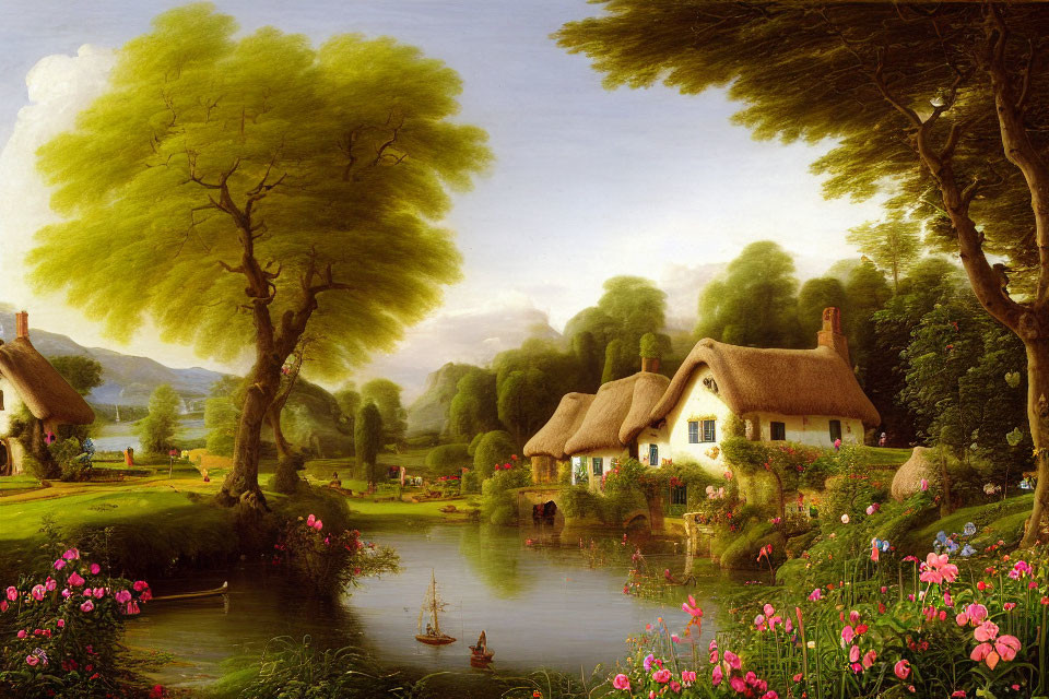 Tranquil countryside with thatched-roof cottages, pond, flowers, trees, sailboat