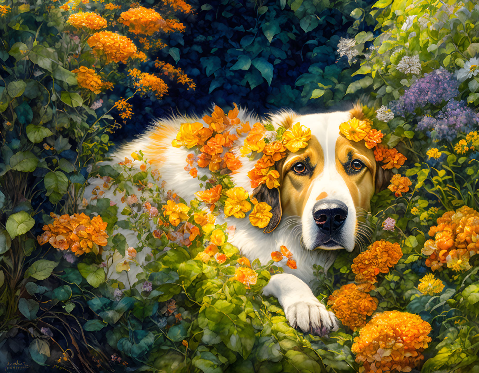 Dog portrait in vibrant floral setting with serene expression