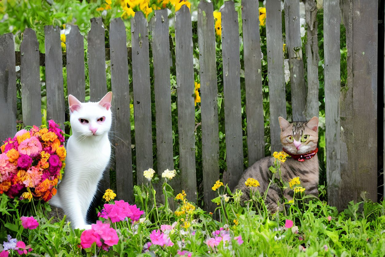 Two Cats Sitting with Colorful Flowers and Wooden Fence