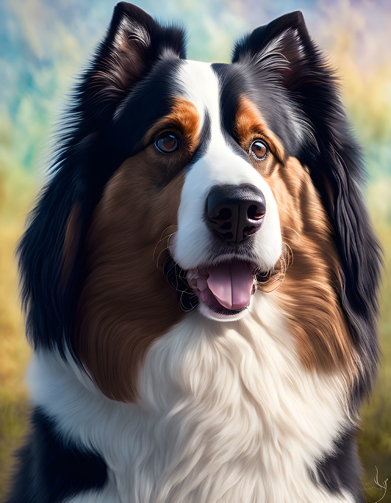 Australian Shepherd Dog Portrait with Vibrant Multicolored Background