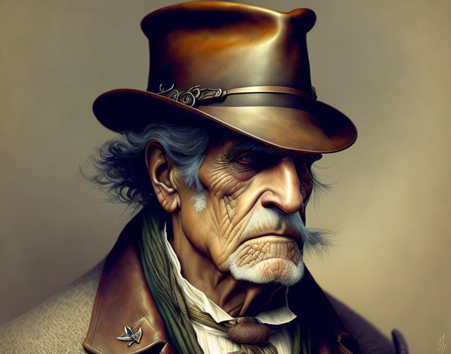 Illustration of elderly man in wide-brimmed hat and western-style coat