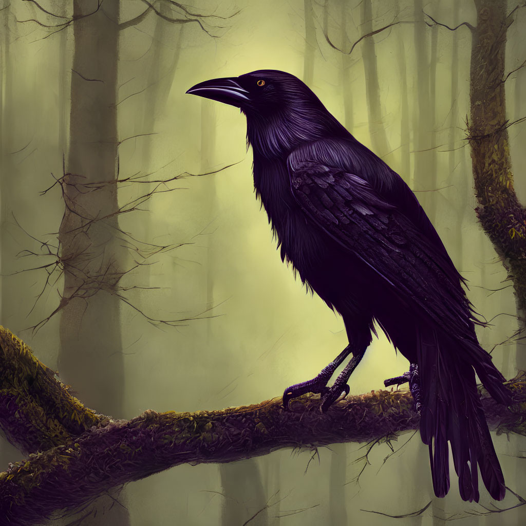 Misty forest scene: Raven on mossy branch, slender trees & vines