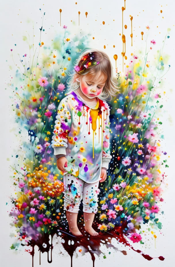 Child in colorful floral paint drips, creating dreamy atmosphere