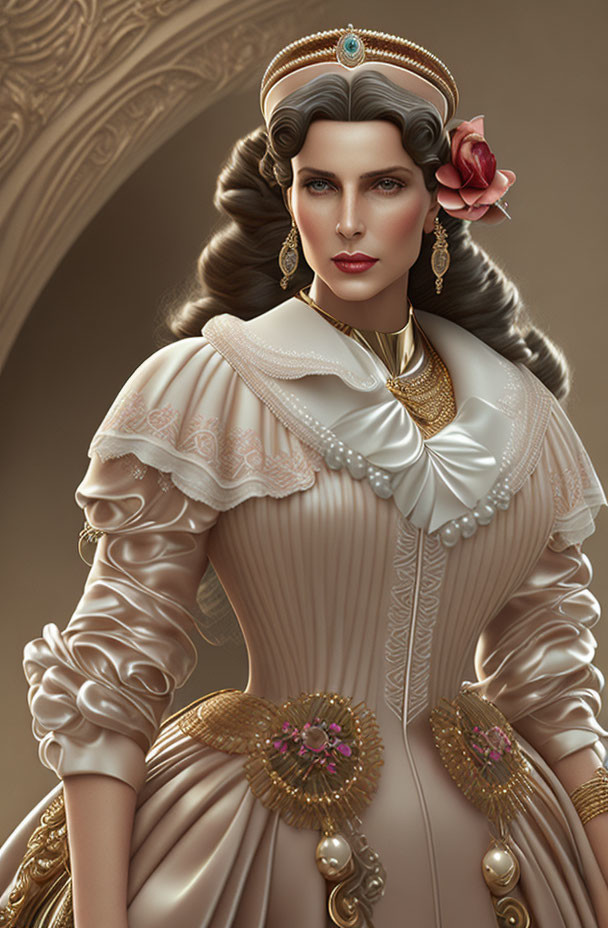 Victorian woman digital artwork with gold jewelry and pink rose