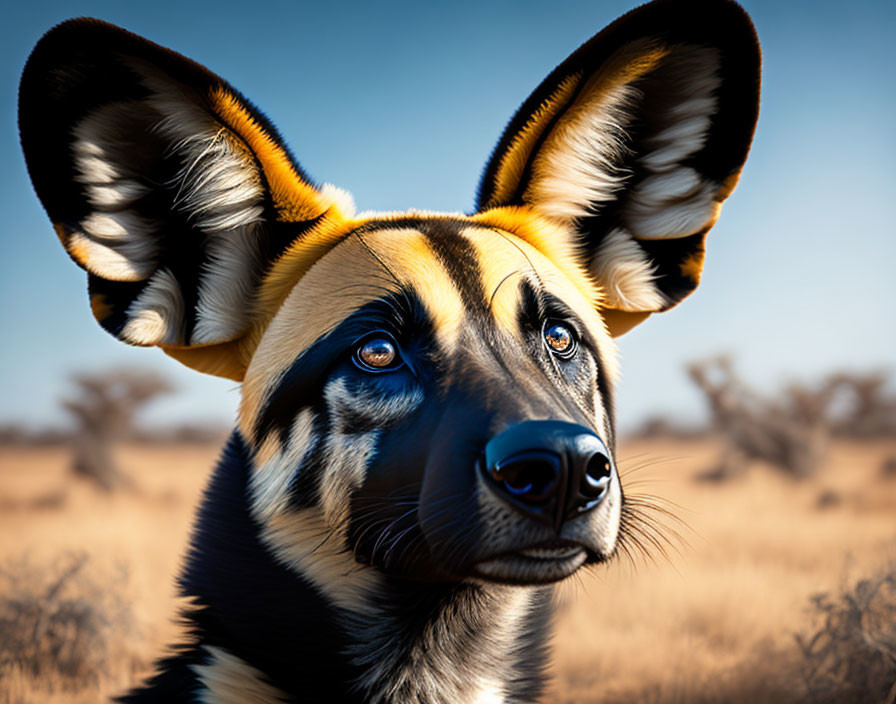 African wild dog with large ears and unique fur markings on savannah backdrop