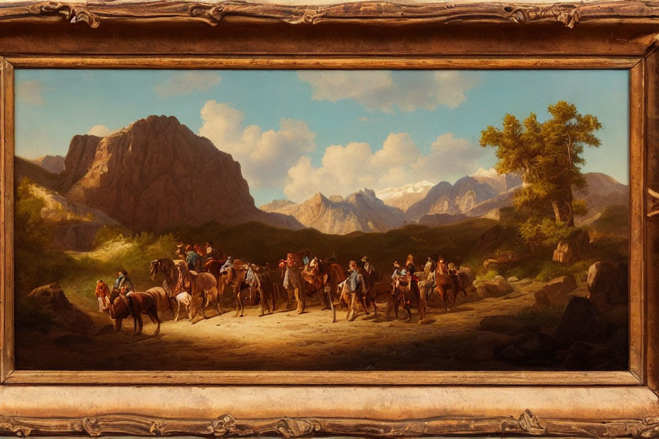 Rustic landscape painting with people, horses, and mountains