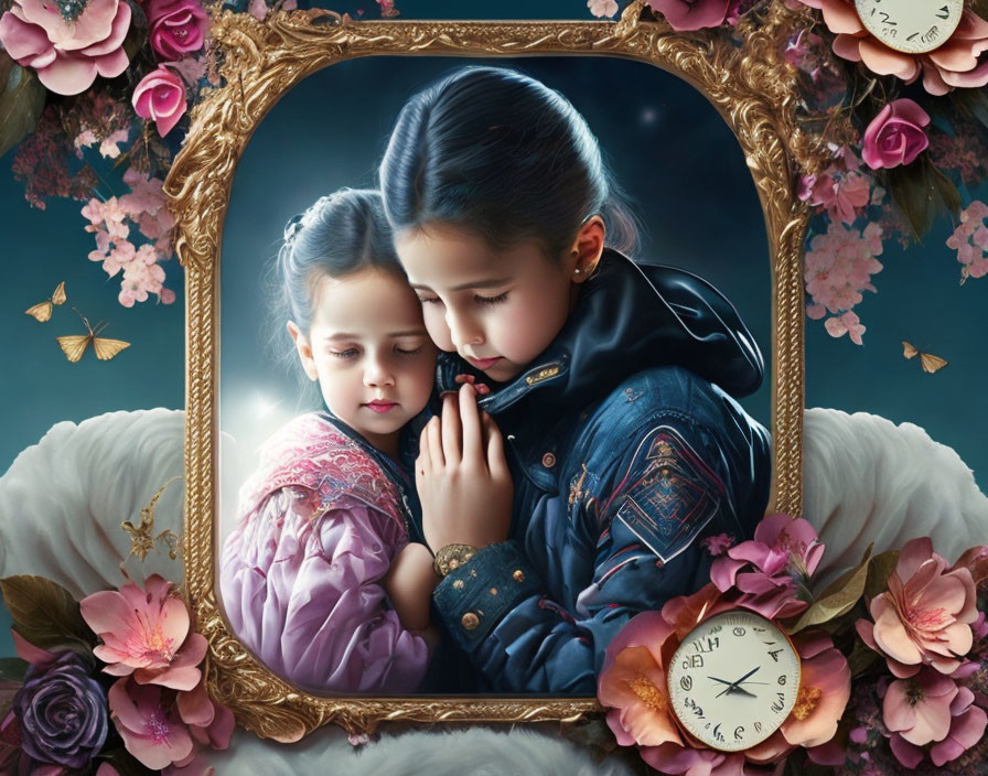 Digital painting: Two children embrace in golden mirror frame with flowers, butterflies, and clock.