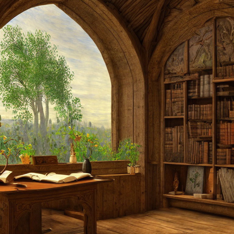 Tranquil study room with wooden desk and bookshelf, natural light from arched window.