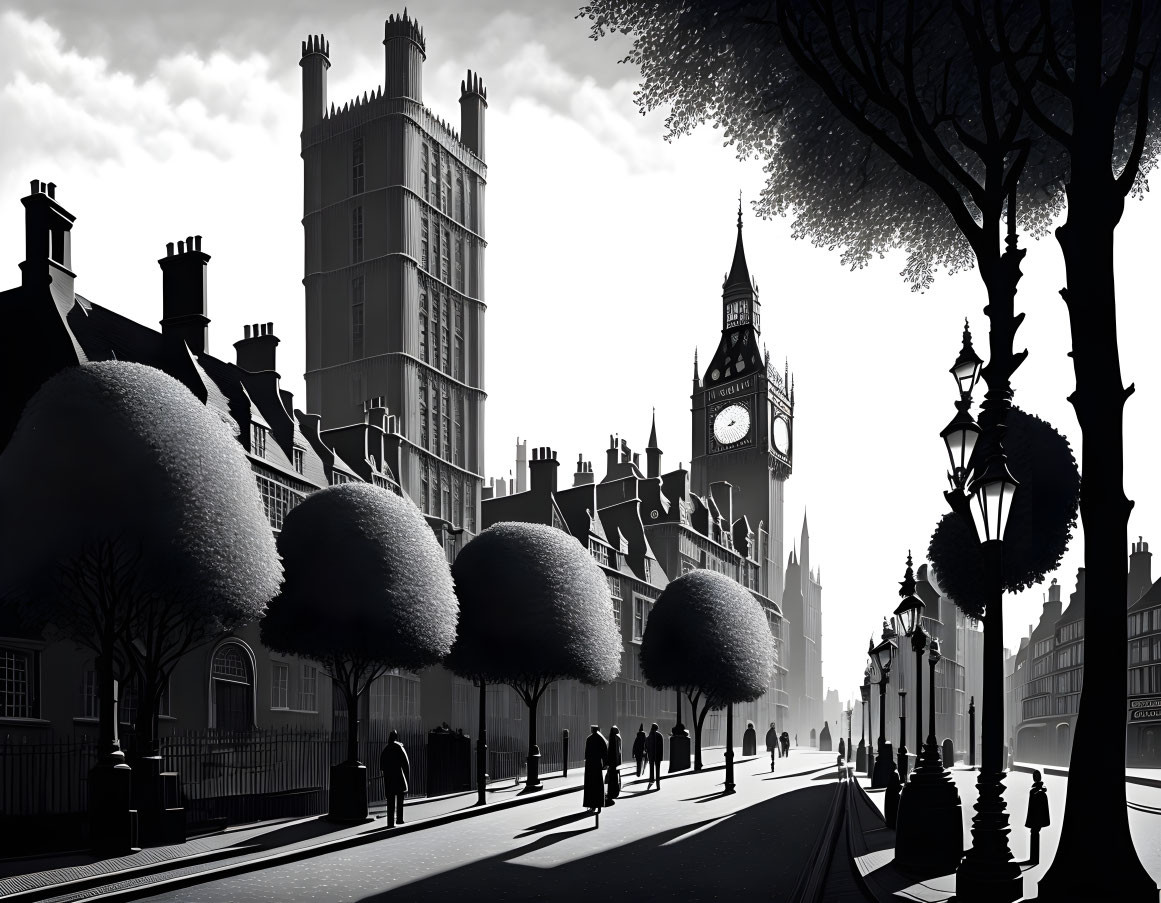 Monochrome street scene with Victorian buildings, trees, and Big Ben silhouette