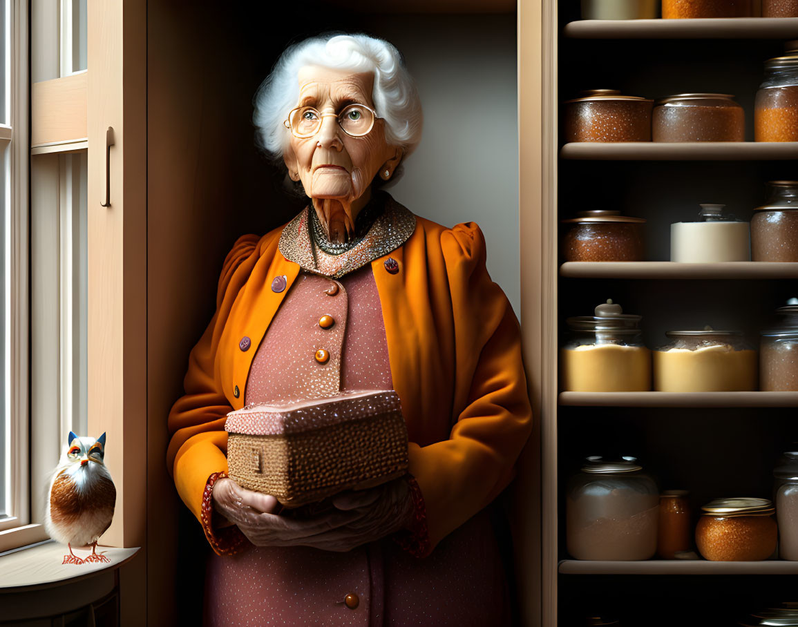 Elderly woman in orange coat with white hair and glasses next to cabinet with owl figurine