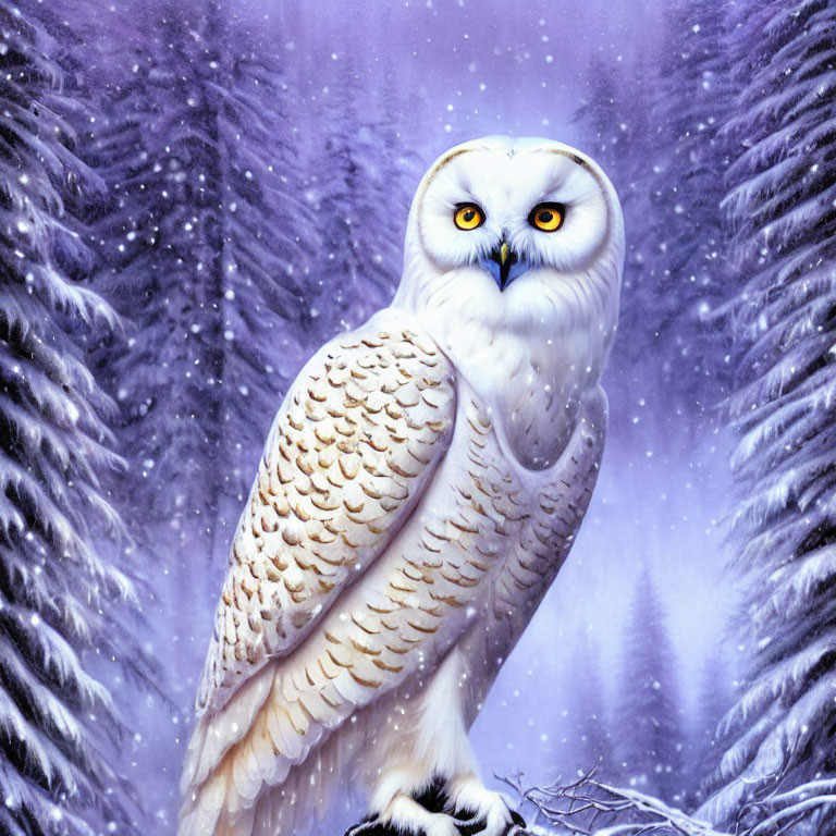 Snowy Owl Perched on Branch in Winter Forest with Falling Snowflakes