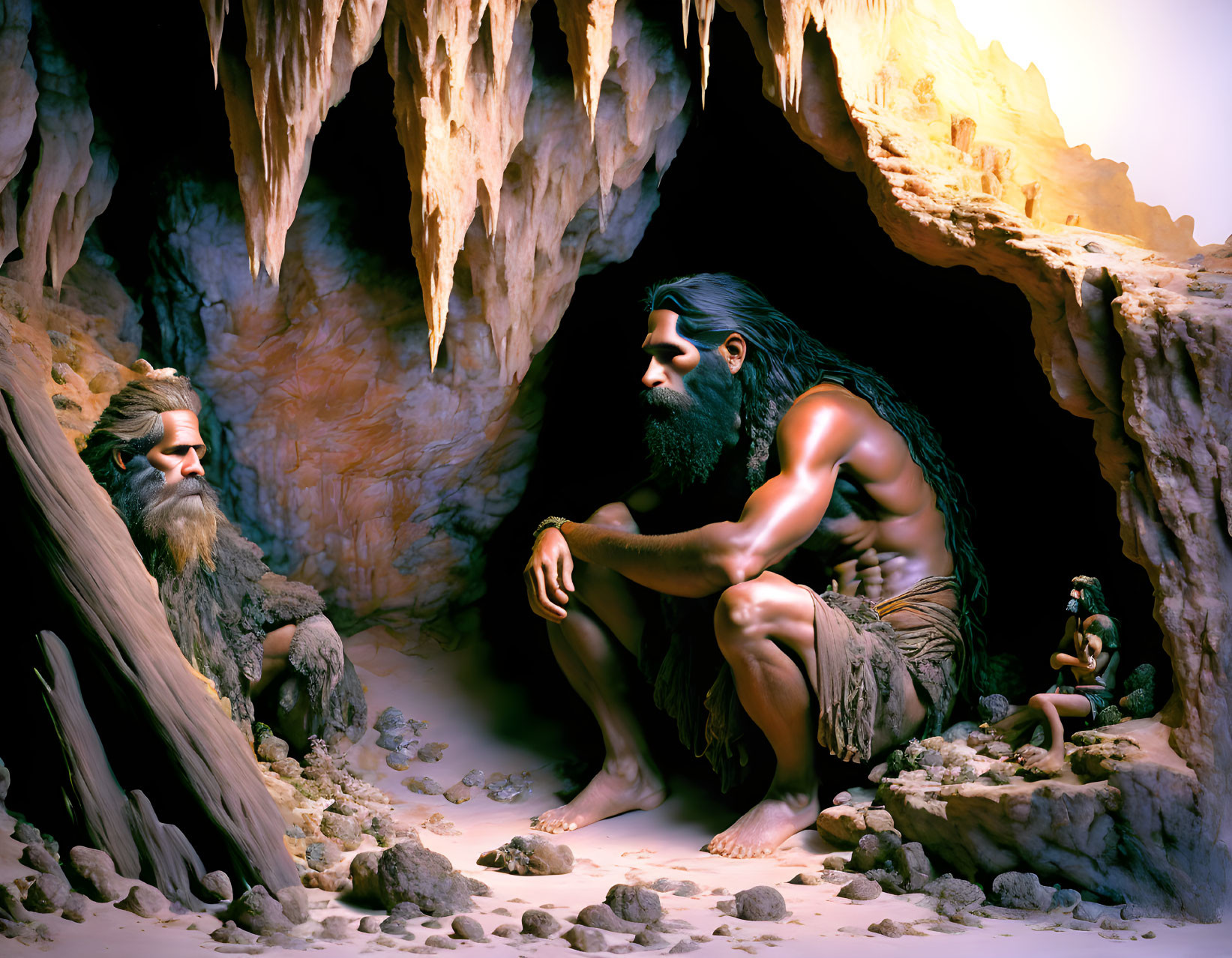 Prehistoric human figures in cave with stalactites