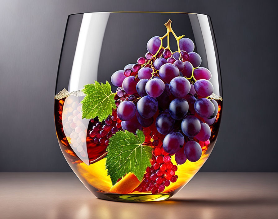 Photorealistic image of red and purple grapes in a wine glass