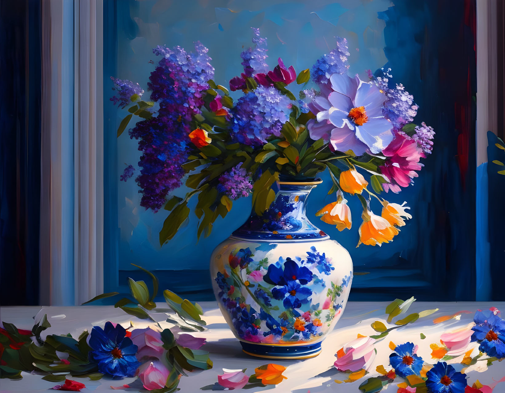 Colorful floral bouquet in blue vase on dark background