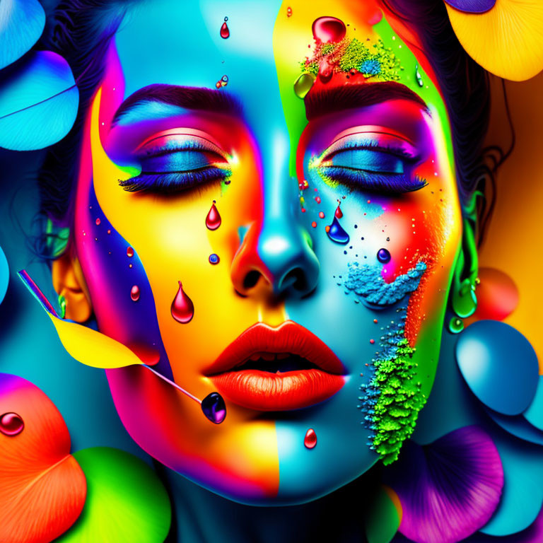 Colorful digital art of a woman's face with multicolored paint and abstract floral elements