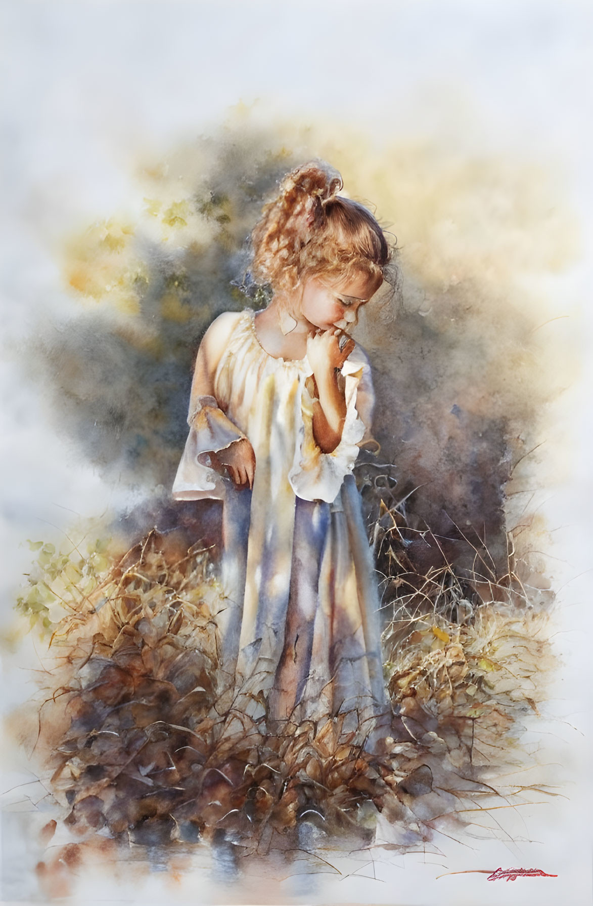 Young girl in white dress amid foliage, watercolor painting.