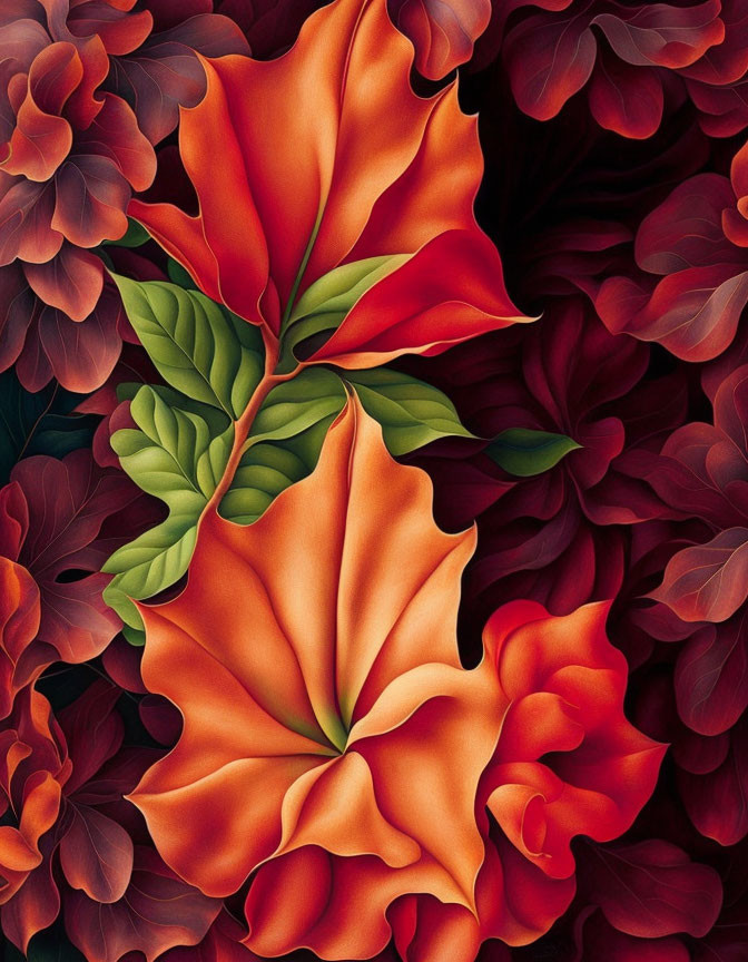 Vibrant orange flower with green leaves and red petals in lush illustration