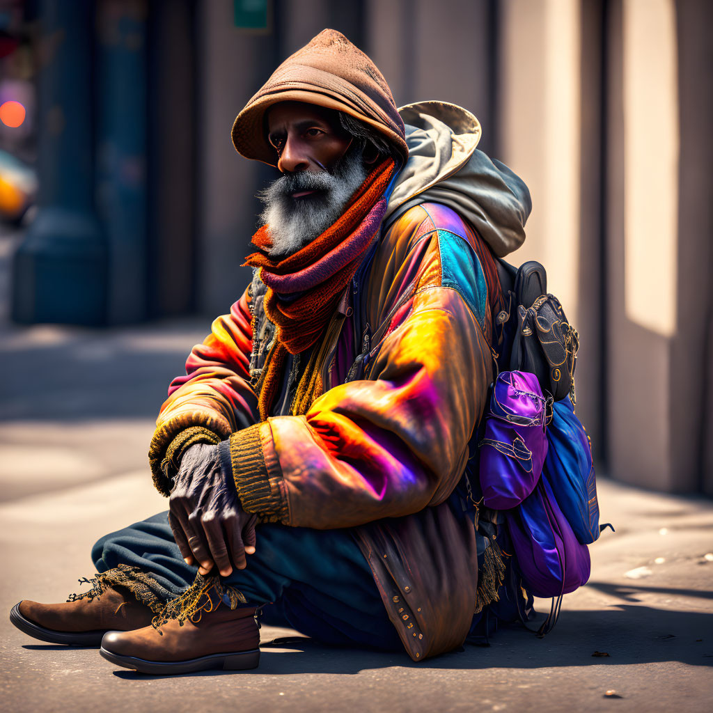 Bearded Man in Colorful Attire Sitting on Sidewalk