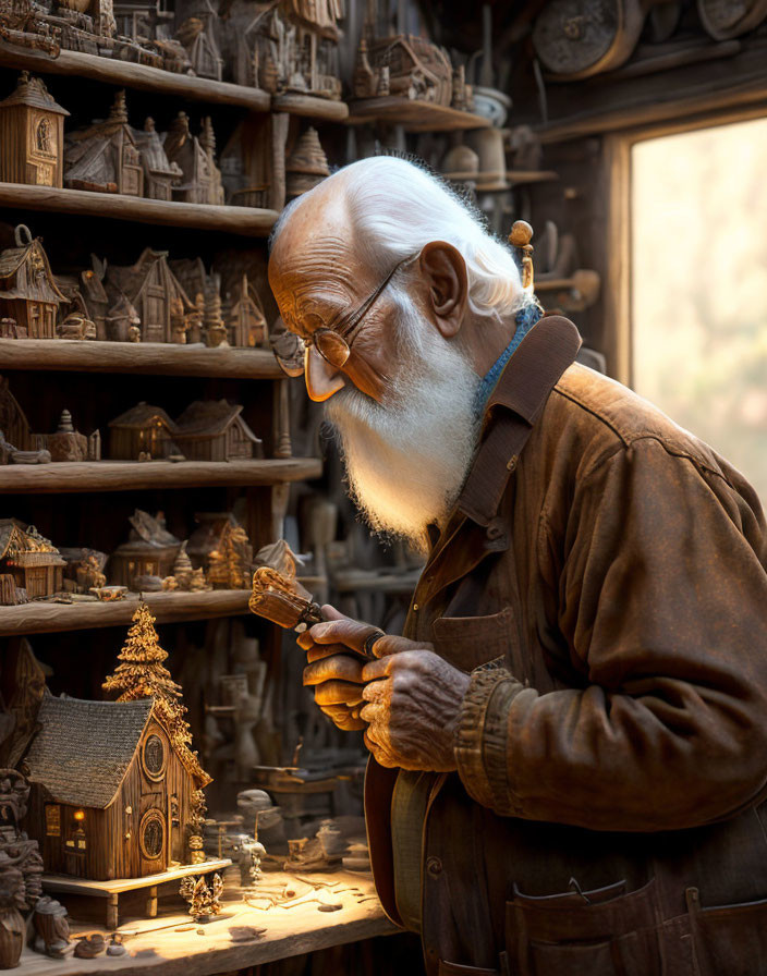 Elderly craftsman inspects wooden house model in intricate workshop