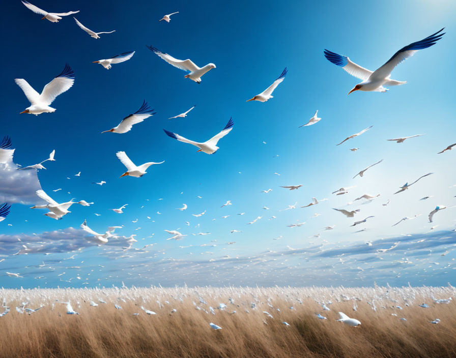 Flock of Seagulls Flying over Golden Grass Field