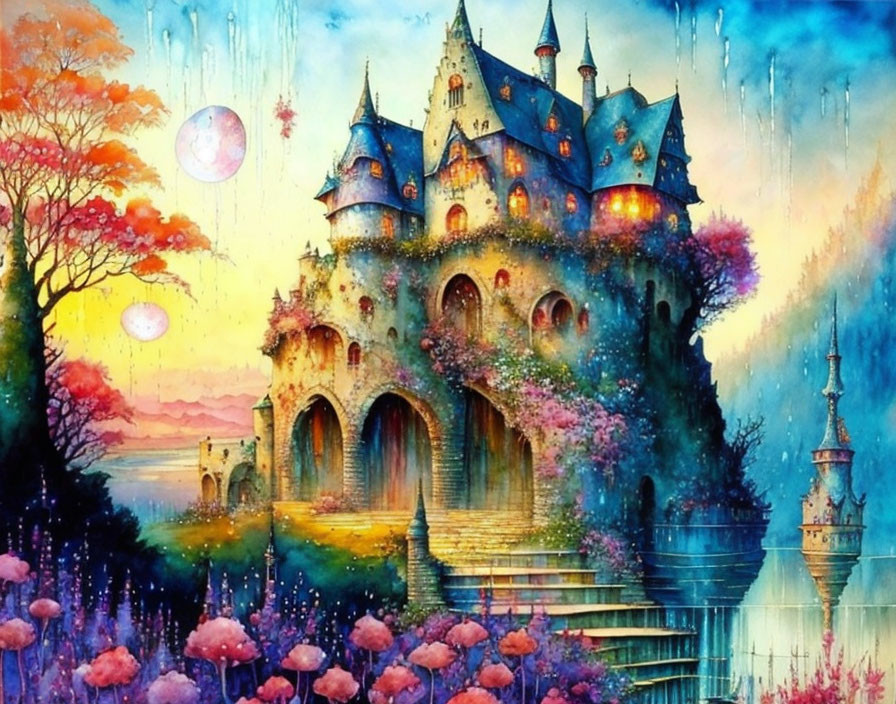 Fantasy castle with lush foliage, colorful flowers, and floating orbs at sunrise or sunset