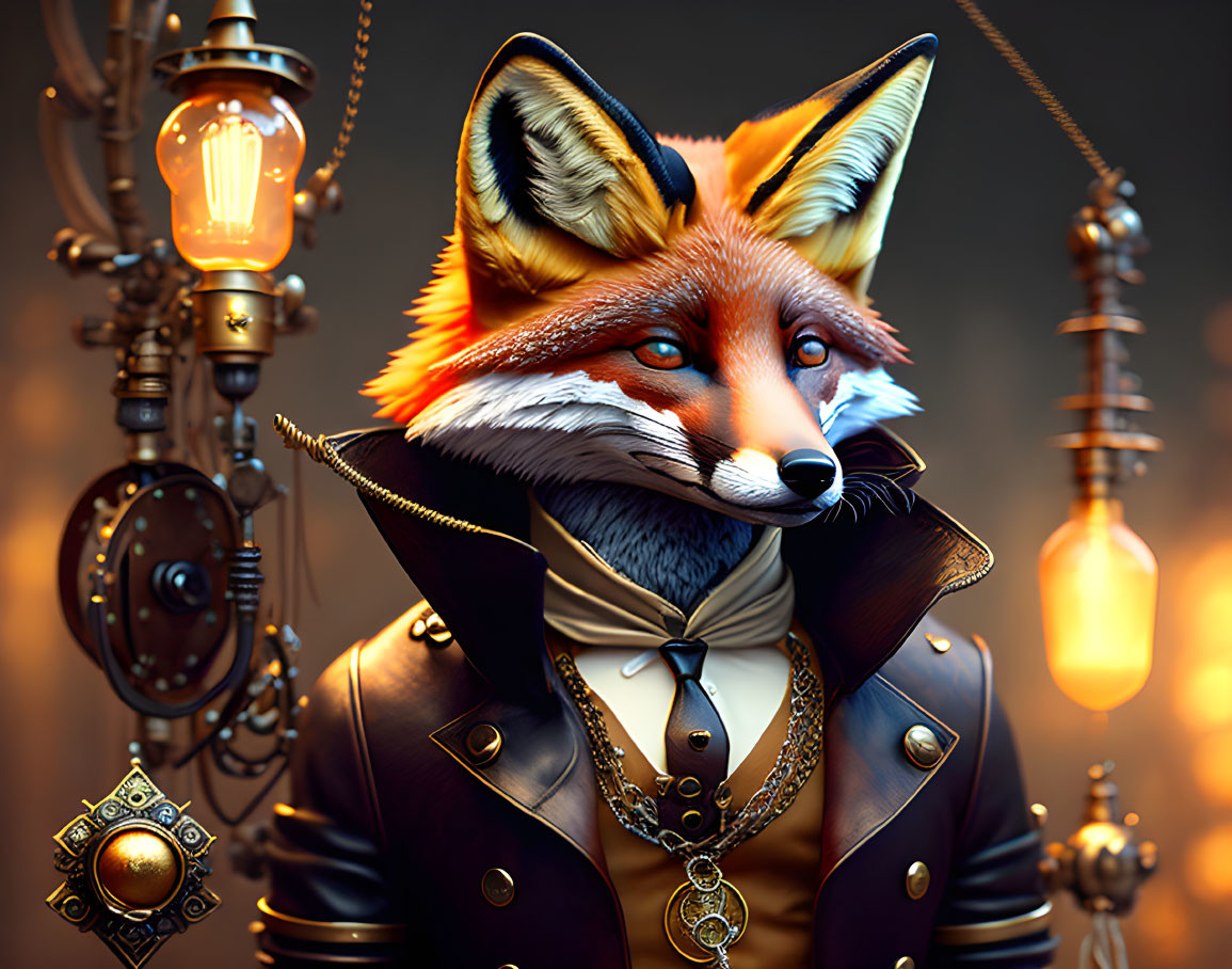 Anthropomorphic Fox in Victorian Outfit with Lantern Light