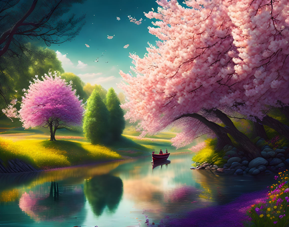 Tranquil landscape with boat, blossoming trees, and vibrant flowers