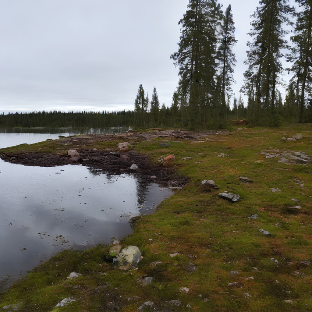 Tranquil Lake Scene with Rocky Shoreline & Evergreen Trees