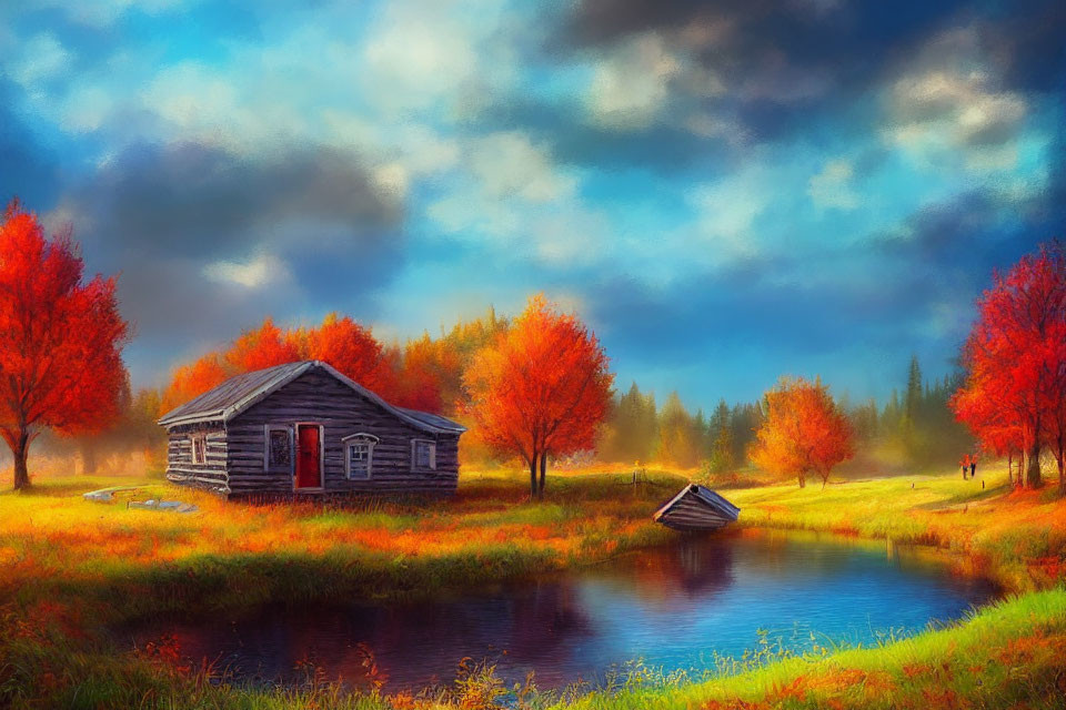 Rustic cabin by tranquil pond in vibrant autumn setting